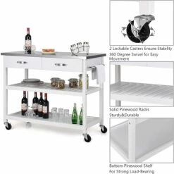 Alternative view of COSTWAY Kitchen Storage Trolley, 116x53x93cm Mobile Serving Cart With Stainless Steel Worktop And Towel Bar, Portable Storage Island On Wheels For Home Office Restaurant (White Body)