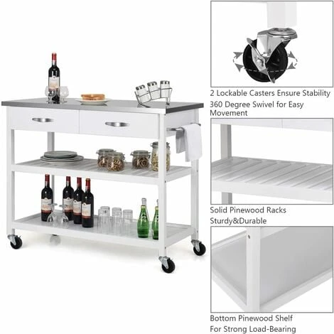 COSTWAY Kitchen Storage Trolley, 116x53x93cm Mobile Serving Cart With Stainless Steel Worktop And Towel Bar, Portable Storage Island On Wheels For Home Office Restaurant (White Body) 2 COSTWAY Kitchen Storage Trolley, 116x53x93cm Mobile Serving Cart With Stainless Steel Worktop And Towel Bar, Portable Storage Island On Wheels For Home Office Restaurant (White Body) - Image 2