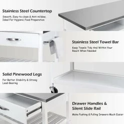COSTWAY Kitchen Storage Trolley, 116x53x93cm Mobile Serving Cart With Stainless Steel Worktop And Towel Bar, Portable Storage Island On Wheels For Home Office Restaurant (White Body) 7 COSTWAY Kitchen Storage Trolley, 116x53x93cm Mobile Serving Cart With Stainless Steel Worktop And Towel Bar, Portable Storage Island On Wheels For Home Office Restaurant (White Body) -Vonshef shop 70327384 3