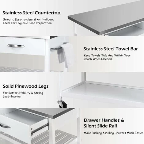 COSTWAY Kitchen Storage Trolley, 116x53x93cm Mobile Serving Cart With Stainless Steel Worktop And Towel Bar, Portable Storage Island On Wheels For Home Office Restaurant (White Body) 3 COSTWAY Kitchen Storage Trolley, 116x53x93cm Mobile Serving Cart With Stainless Steel Worktop And Towel Bar, Portable Storage Island On Wheels For Home Office Restaurant (White Body) - Image 3
