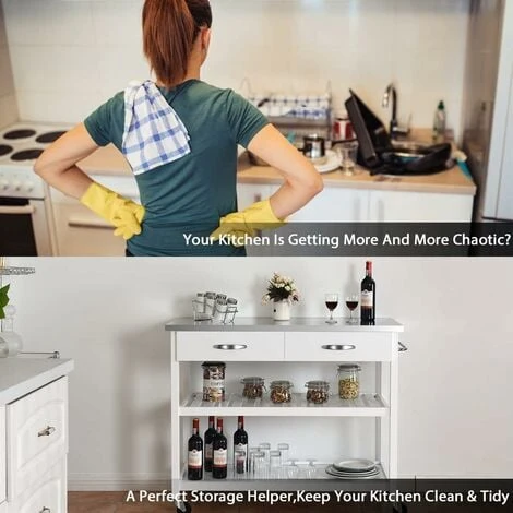 COSTWAY Kitchen Storage Trolley, 116x53x93cm Mobile Serving Cart With Stainless Steel Worktop And Towel Bar, Portable Storage Island On Wheels For Home Office Restaurant (White Body) 4 COSTWAY Kitchen Storage Trolley, 116x53x93cm Mobile Serving Cart With Stainless Steel Worktop And Towel Bar, Portable Storage Island On Wheels For Home Office Restaurant (White Body) - Image 4