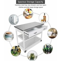 COSTWAY Kitchen Storage Trolley, 116x53x93cm Mobile Serving Cart With Stainless Steel Worktop And Towel Bar, Portable Storage Island On Wheels For Home Office Restaurant (White Body) 9 COSTWAY Kitchen Storage Trolley, 116x53x93cm Mobile Serving Cart With Stainless Steel Worktop And Towel Bar, Portable Storage Island On Wheels For Home Office Restaurant (White Body) -Vonshef shop 70327384 5