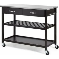 COSTWAY Kitchen Storage Trolley, 116x53x93cm Mobile Serving Cart With Stainless Steel Worktop And Towel Bar, Portable Storage Island On Wheels For Home Office Restaurant (Dark Brown Body)