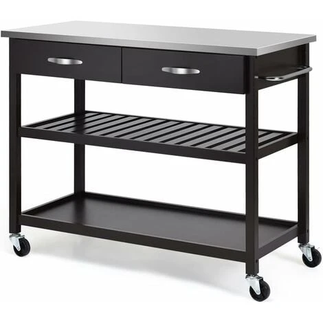 COSTWAY Kitchen Storage Trolley, 116x53x93cm Mobile Serving Cart With Stainless Steel Worktop And Towel Bar, Portable Storage Island On Wheels For Home Office Restaurant (Dark Brown Body) 1 COSTWAY Kitchen Storage Trolley, 116x53x93cm Mobile Serving Cart With Stainless Steel Worktop And Towel Bar, Portable Storage Island On Wheels For Home Office Restaurant (Dark Brown Body)