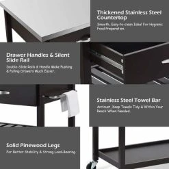 COSTWAY Kitchen Storage Trolley, 116x53x93cm Mobile Serving Cart With Stainless Steel Worktop And Towel Bar, Portable Storage Island On Wheels For Home Office Restaurant (Dark Brown Body) 7 COSTWAY Kitchen Storage Trolley, 116x53x93cm Mobile Serving Cart With Stainless Steel Worktop And Towel Bar, Portable Storage Island On Wheels For Home Office Restaurant (Dark Brown Body) -Vonshef shop 70327385 3