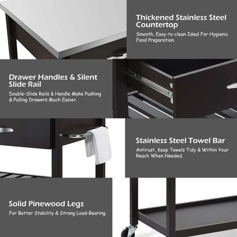 COSTWAY Kitchen Storage Trolley, 116x53x93cm Mobile Serving Cart With Stainless Steel Worktop And Towel Bar, Portable Storage Island On Wheels For Home Office Restaurant (Dark Brown Body) 3 COSTWAY Kitchen Storage Trolley, 116x53x93cm Mobile Serving Cart With Stainless Steel Worktop And Towel Bar, Portable Storage Island On Wheels For Home Office Restaurant (Dark Brown Body) - Image 3