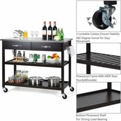 COSTWAY Kitchen Storage Trolley, 116x53x93cm Mobile Serving Cart With Stainless Steel Worktop And Towel Bar, Portable Storage Island On Wheels For Home Office Restaurant (Dark Brown Body) 8 COSTWAY Kitchen Storage Trolley, 116x53x93cm Mobile Serving Cart With Stainless Steel Worktop And Towel Bar, Portable Storage Island On Wheels For Home Office Restaurant (Dark Brown Body) -Vonshef shop 70327385 4