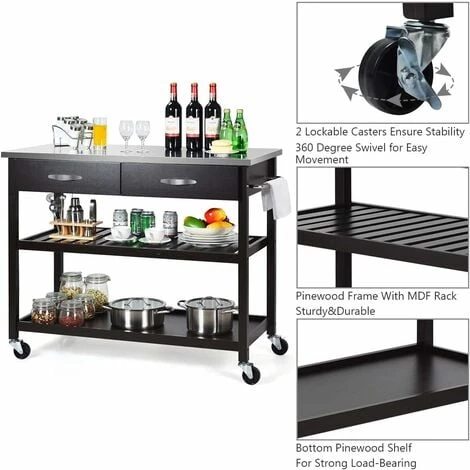 COSTWAY Kitchen Storage Trolley, 116x53x93cm Mobile Serving Cart With Stainless Steel Worktop And Towel Bar, Portable Storage Island On Wheels For Home Office Restaurant (Dark Brown Body) 4 COSTWAY Kitchen Storage Trolley, 116x53x93cm Mobile Serving Cart With Stainless Steel Worktop And Towel Bar, Portable Storage Island On Wheels For Home Office Restaurant (Dark Brown Body) - Image 4