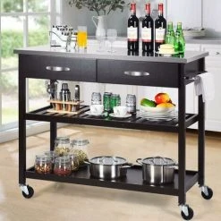 COSTWAY Kitchen Storage Trolley, 116x53x93cm Mobile Serving Cart With Stainless Steel Worktop And Towel Bar, Portable Storage Island On Wheels For Home Office Restaurant (Dark Brown Body) 9 COSTWAY Kitchen Storage Trolley, 116x53x93cm Mobile Serving Cart With Stainless Steel Worktop And Towel Bar, Portable Storage Island On Wheels For Home Office Restaurant (Dark Brown Body) -Vonshef shop 70327385 5