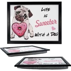 The Magic Toy Shop Wooden Pug Design Soft Padded Cushioned Bean Bag Lap Dinner Laptop Food Tray