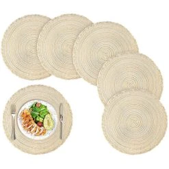 JENDREK PAUL LIMITED Round Placemats, Set Of 6 Round Woven Placemats, Heat-resistant, Braided, Non-slip And Washable, Placemats And Coasters, For Indoor And Outdoor Use Beige