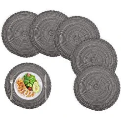 JENDREK PAUL LIMITED Round Placemats, Set Of 6 Round Woven Placemats, Heat-resistant, Braided, Non-slip And Washable, Placemats And Coasters, For Indoor And Outdoor Use Gray