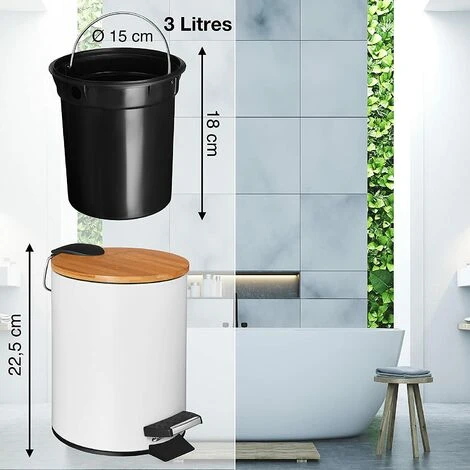 EINEMGELD 3L Bathroom Bin Pedal Bin With Soft Closure Elegant Design Cosmetic Bin With Bamboo Wood Lid White 2 EINEMGELD 3L Bathroom Bin Pedal Bin With Soft Closure Elegant Design Cosmetic Bin With Bamboo Wood Lid White - Image 2