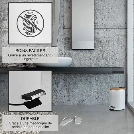 EINEMGELD 3L Bathroom Bin Pedal Bin With Soft Closure Elegant Design Cosmetic Bin With Bamboo Wood Lid White 3 EINEMGELD 3L Bathroom Bin Pedal Bin With Soft Closure Elegant Design Cosmetic Bin With Bamboo Wood Lid White - Image 3