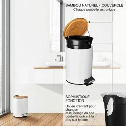 EINEMGELD 3L Bathroom Bin Pedal Bin With Soft Closure Elegant Design Cosmetic Bin With Bamboo Wood Lid White 9 EINEMGELD 3L Bathroom Bin Pedal Bin With Soft Closure Elegant Design Cosmetic Bin With Bamboo Wood Lid White -Vonshef shop 75323563 5