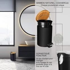 EINEMGELD 3L Bathroom Bin Pedal Bin With Soft Closure ELEGANT DESIGN Cosmetic Bin With Bamboo Wood Lid Black -Vonshef shop 75325551 4