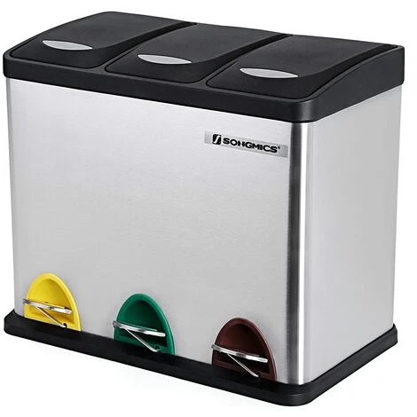Songmics Recycling Bin, 3-in-1 Pedal Bin, 24-Litre Metal Rubbish Bin, Waste Separation System Dustbin For Kitchen, Durable, Easy To Clean, Steel, Silver LTB24L 1 Songmics Recycling Bin, 3-in-1 Pedal Bin, 24-Litre Metal Rubbish Bin, Waste Separation System Dustbin For Kitchen, Durable, Easy To Clean, Steel, Silver LTB24L