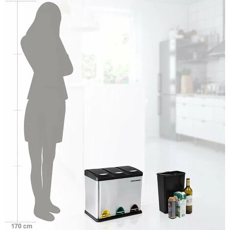 Songmics Recycling Bin, 3-in-1 Pedal Bin, 24-Litre Metal Rubbish Bin, Waste Separation System Dustbin For Kitchen, Durable, Easy To Clean, Steel, Silver LTB24L 3 Songmics Recycling Bin, 3-in-1 Pedal Bin, 24-Litre Metal Rubbish Bin, Waste Separation System Dustbin For Kitchen, Durable, Easy To Clean, Steel, Silver LTB24L - Image 3