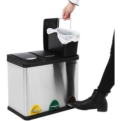 Songmics Recycling Bin, 3-in-1 Pedal Bin, 24-Litre Metal Rubbish Bin, Waste Separation System Dustbin For Kitchen, Durable, Easy To Clean, Steel, Silver LTB24L 4 Songmics Recycling Bin, 3-in-1 Pedal Bin, 24-Litre Metal Rubbish Bin, Waste Separation System Dustbin For Kitchen, Durable, Easy To Clean, Steel, Silver LTB24L - Image 4