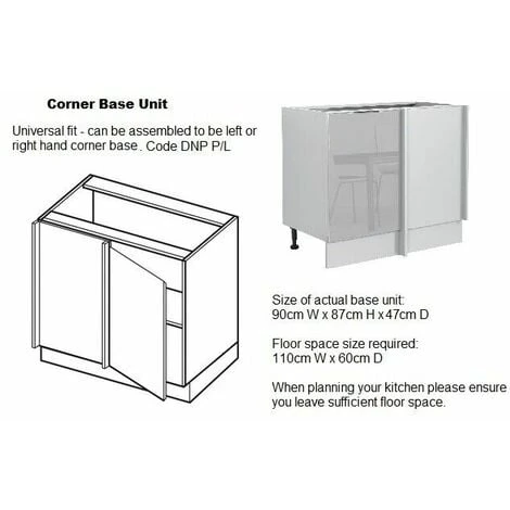 IMPACT FURNITURE Kitchen Corner Base Unit 1100 Cabinet 110cm Cupboard Light Grey Gloss Universal L/R Luna 2 IMPACT FURNITURE Kitchen Corner Base Unit 1100 Cabinet 110cm Cupboard Light Grey Gloss Universal L/R Luna - Image 2