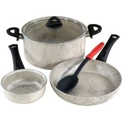 Geezy Cream Cooking Set 5pc Non-Stick Pots Pans Cookware Gas Halogen Electric Cookers