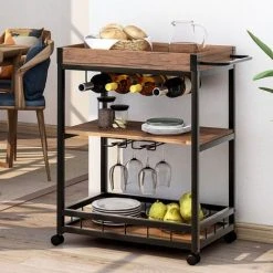 ModernLuxe Kitchen Trolley Cart 3-Tier Kitchen Island With Removable Tray, Wine Rack, Glass Hanger, Rustic Brown