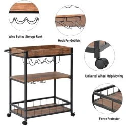 ModernLuxe Kitchen Trolley Cart 3-Tier Kitchen Island With Removable Tray, Wine Rack, Glass Hanger, Rustic Brown -Vonshef shop 80868871 3