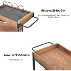 ModernLuxe Kitchen Trolley Cart 3-Tier Kitchen Island With Removable Tray, Wine Rack, Glass Hanger, Rustic Brown -Vonshef shop 80868871 4