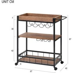 ModernLuxe Kitchen Trolley Cart 3-Tier Kitchen Island With Removable Tray, Wine Rack, Glass Hanger, Rustic Brown -Vonshef shop 80868871 5