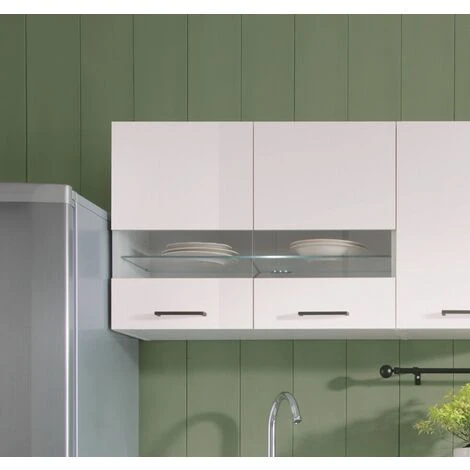 IMPACT FURNITURE 800 Glass Kitchen Cabinet Unit Wall Display Cupboard 80cm With LED Lights White Low Gloss Junona 1 IMPACT FURNITURE 800 Glass Kitchen Cabinet Unit Wall Display Cupboard 80cm With LED Lights White Low Gloss Junona