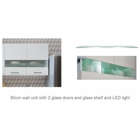 IMPACT FURNITURE 800 Glass Kitchen Cabinet Unit Wall Display Cupboard 80cm With LED Lights White Low Gloss Junona 2 IMPACT FURNITURE 800 Glass Kitchen Cabinet Unit Wall Display Cupboard 80cm With LED Lights White Low Gloss Junona - Image 2
