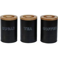 Simpa 3PC Chic Tea, Coffee & Sugar Canisters - BLACK Style Cylindrical