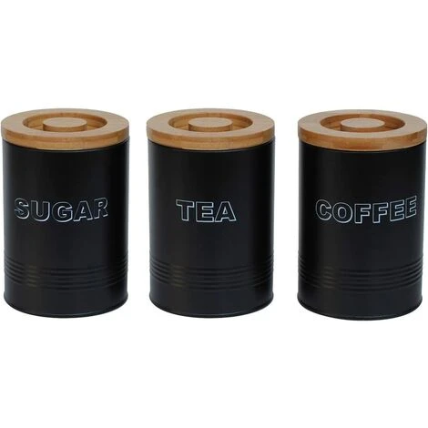 Simpa 3PC Chic Tea, Coffee & Sugar Canisters - BLACK Style Cylindrical 1 Simpa 3PC Chic Tea, Coffee & Sugar Canisters - BLACK Style Cylindrical