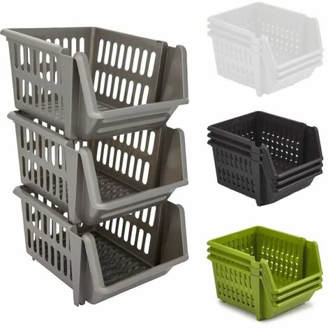 Whitefurze Set Of 3 Stackable Storage Basket Kitchen Fruit Vegetable Stacking Container Box - Silver 1 Whitefurze Set Of 3 Stackable Storage Basket Kitchen Fruit Vegetable Stacking Container Box - Silver