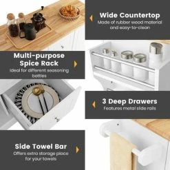 Costway Kitchen Island Storage Trolley Rolling Cart Cupboard 3 Deep Drawers 2 Doors -Vonshef shop 84708956 5