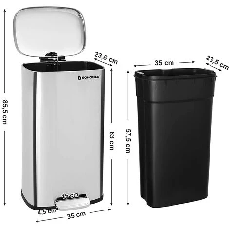Songmics Kitchen Pedal Trash Bin With Hinged Lid And Plastic Inner Bucket, 30 Litre Stainless Steel Rubbish Garbage Can, Soft Close, Odour Proof And Hygienic LTB03NL 5 Songmics Kitchen Pedal Trash Bin With Hinged Lid And Plastic Inner Bucket, 30 Litre Stainless Steel Rubbish Garbage Can, Soft Close, Odour Proof And Hygienic LTB03NL - Image 5