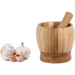 TUMALAGIA Natural Bamboo Mortar And Pestle, Manual Garlic Press, Ginger Crusher, Spice Grinder Set, Garlic Crusher, Spice Crusher, Chopper