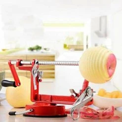 HEGUYEY Multi-Function Stainless Steel Manual Apple Peeler, Rotate The Handle To Remove Core From Apples, Peel And Thinly Slice In Seconds, Red
