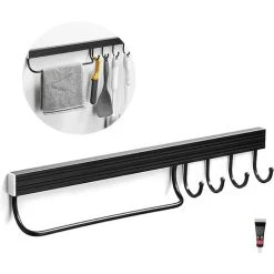 POWAY Kitchen Utensil Rack, Wall-Mounted Aluminum Utensil Rack Wall-Mounted Kitchen Utensil Rack Wall-Mounted Pot Rack Kitchen Utensil Rack With 4 Hooks (Black)