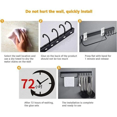 POWAY Kitchen Utensil Rack, Wall-Mounted Aluminum Utensil Rack Wall-Mounted Kitchen Utensil Rack Wall-Mounted Pot Rack Kitchen Utensil Rack With 4 Hooks (Black) 4 POWAY Kitchen Utensil Rack, Wall-Mounted Aluminum Utensil Rack Wall-Mounted Kitchen Utensil Rack Wall-Mounted Pot Rack Kitchen Utensil Rack With 4 Hooks (Black) - Image 4
