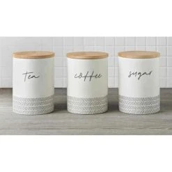 DYLEX White & Grey Canisters Set Of 3 Tea/Coffee/Sugar Canisters With Bamboo Lid
