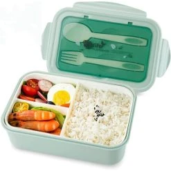 FUHUIDATRADING Lunch Box, Bento Box Bento Box With Fork And 3 Compartments 1400ml Leak-Proof Safety Eco-Friendly Airtight Lunch Box For Picnic, School, Work, Green