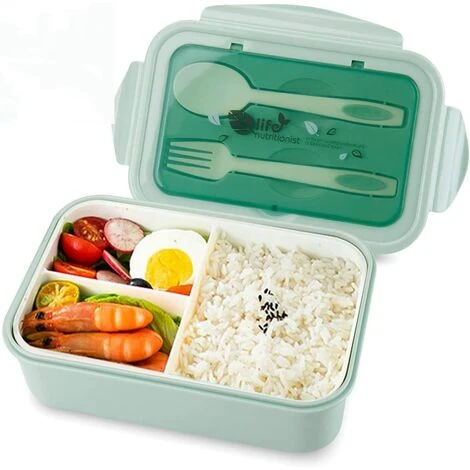FUHUIDATRADING Lunch Box, Bento Box Bento Box With Fork And 3 Compartments 1400ml Leak-Proof Safety Eco-Friendly Airtight Lunch Box For Picnic, School, Work, Green 1 FUHUIDATRADING Lunch Box, Bento Box Bento Box With Fork And 3 Compartments 1400ml Leak-Proof Safety Eco-Friendly Airtight Lunch Box For Picnic, School, Work, Green