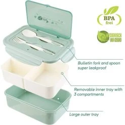 FUHUIDATRADING Lunch Box, Bento Box Bento Box With Fork And 3 Compartments 1400ml Leak-Proof Safety Eco-Friendly Airtight Lunch Box For Picnic, School, Work, Green 8 FUHUIDATRADING Lunch Box, Bento Box Bento Box With Fork And 3 Compartments 1400ml Leak-Proof Safety Eco-Friendly Airtight Lunch Box For Picnic, School, Work, Green -Vonshef shop 92864279 4