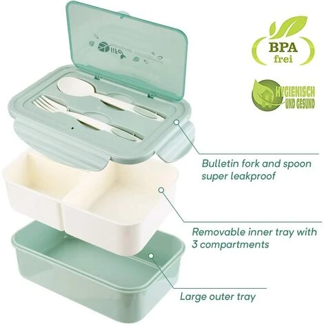 FUHUIDATRADING Lunch Box, Bento Box Bento Box With Fork And 3 Compartments 1400ml Leak-Proof Safety Eco-Friendly Airtight Lunch Box For Picnic, School, Work, Green 4 FUHUIDATRADING Lunch Box, Bento Box Bento Box With Fork And 3 Compartments 1400ml Leak-Proof Safety Eco-Friendly Airtight Lunch Box For Picnic, School, Work, Green - Image 4