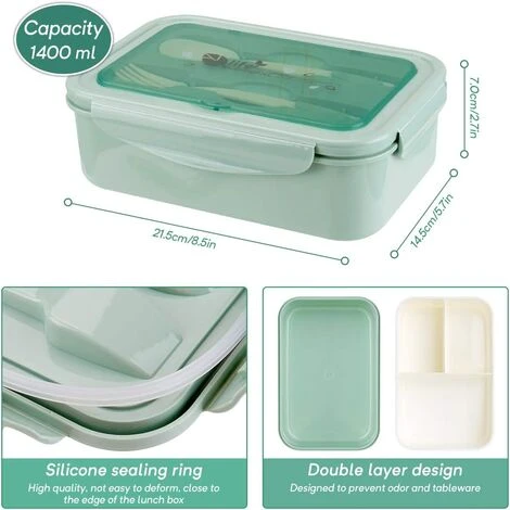 FUHUIDATRADING Lunch Box, Bento Box Bento Box With Fork And 3 Compartments 1400ml Leak-Proof Safety Eco-Friendly Airtight Lunch Box For Picnic, School, Work, Green 5 FUHUIDATRADING Lunch Box, Bento Box Bento Box With Fork And 3 Compartments 1400ml Leak-Proof Safety Eco-Friendly Airtight Lunch Box For Picnic, School, Work, Green - Image 5