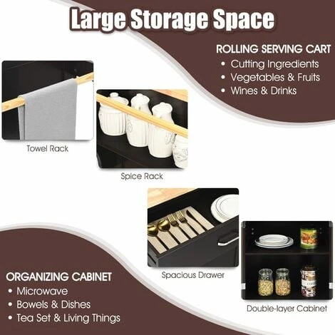 Costway Kitchen Island Rolling Storage Cabinet Trolley Cart Shelves Cupboard Towel Rack 5 Costway Kitchen Island Rolling Storage Cabinet Trolley Cart Shelves Cupboard Towel Rack - Image 5