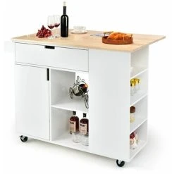 Costway Kitchen Island Storage Trolley Rolling Cart Cupboard With Drop-Leaf Countertop