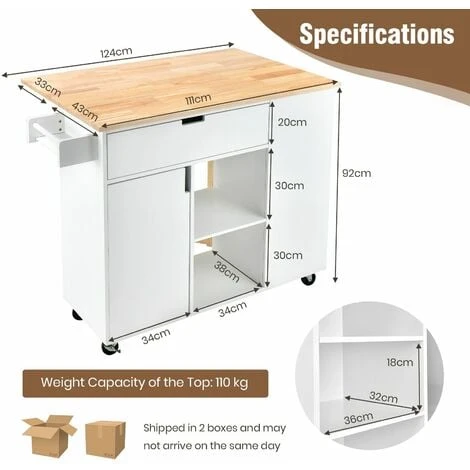 Costway Kitchen Island Storage Trolley Rolling Cart Cupboard With Drop-Leaf Countertop 2 Costway Kitchen Island Storage Trolley Rolling Cart Cupboard With Drop-Leaf Countertop - Image 2
