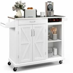 Costway Kitchen Island Rolling Storage Trolley Cart Stainless Steel Countertop 2 Doors